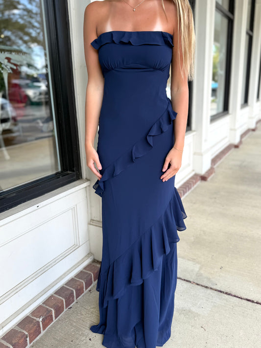 Navy Ribbon Strapless Maxi