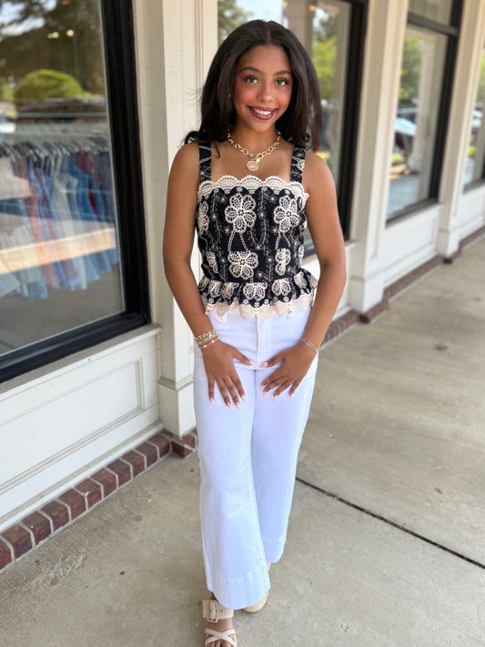 Black/Ivory Floral Lace Top