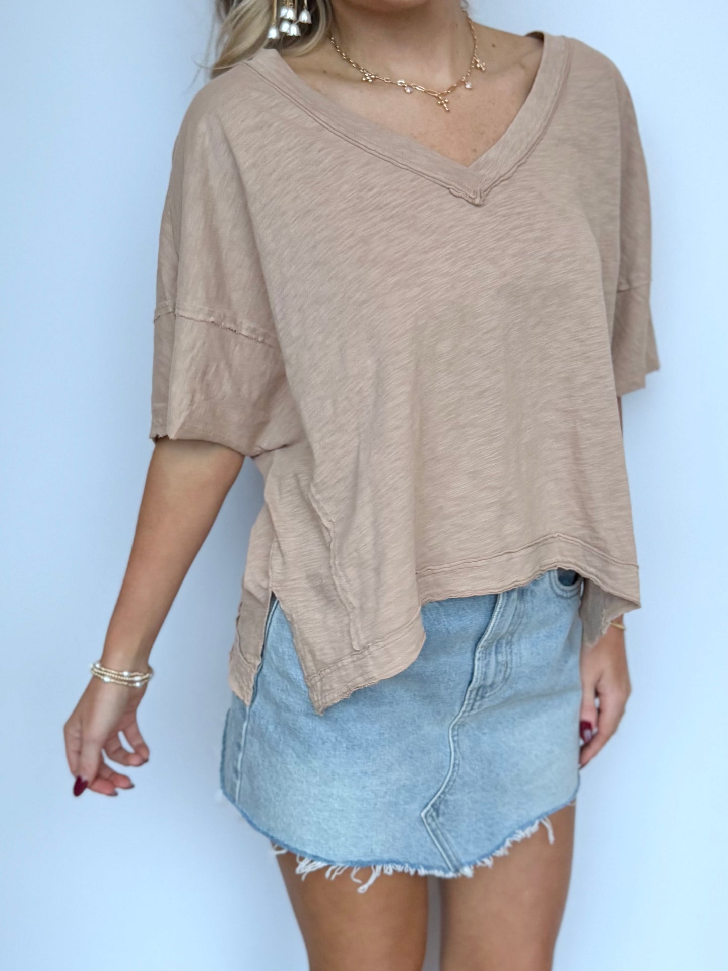 Taupe Exposed Seam V-Neck Top