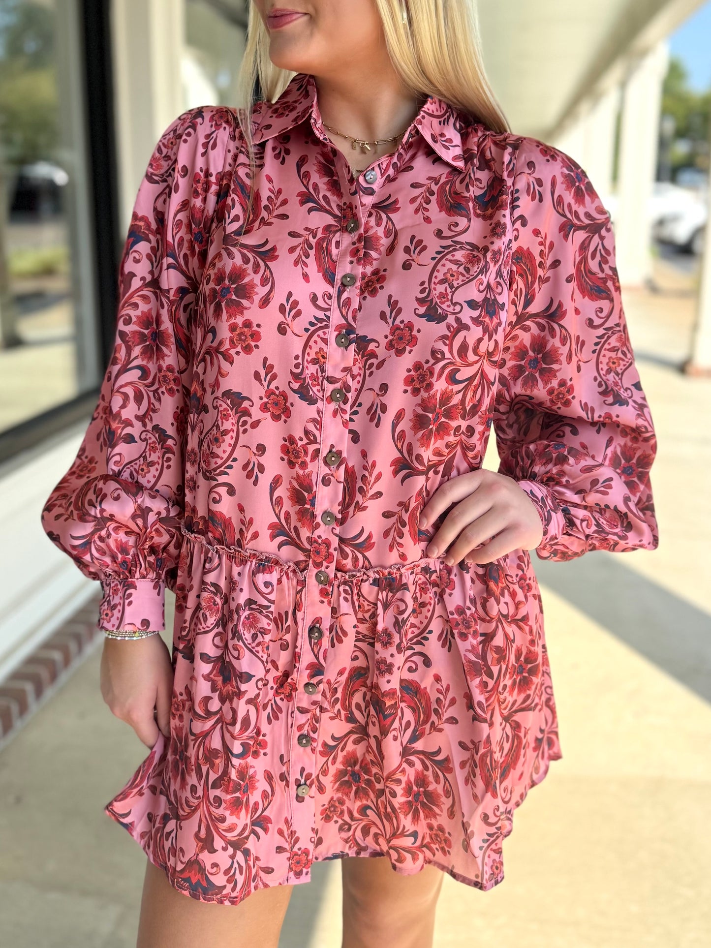 Salmon Red L/S Paisley Dress