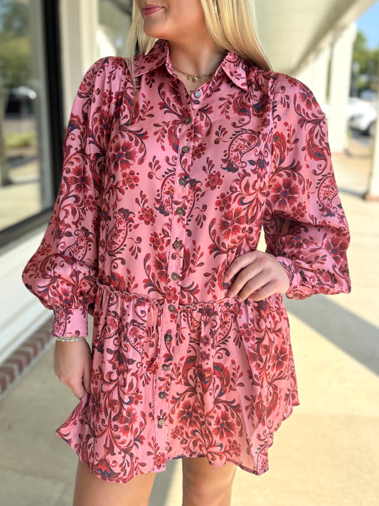 Salmon Red L/S Paisley Dress