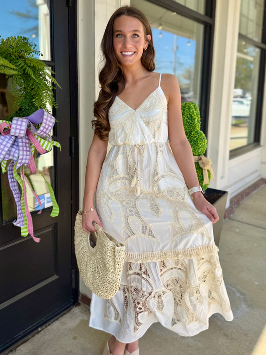 White/Beige Crochet Lace Maxi
