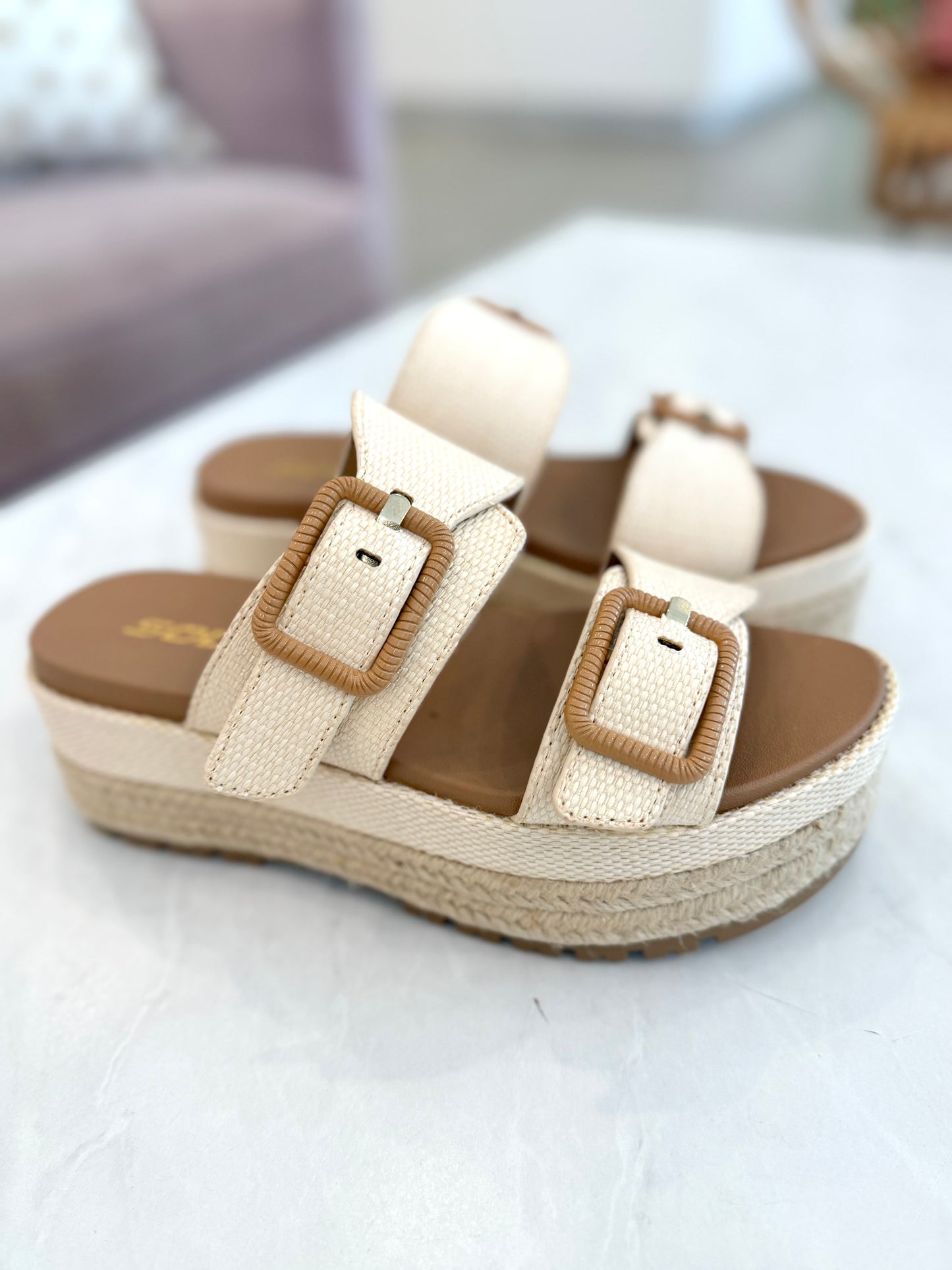 Raffia Double Strap Platform Sandal
