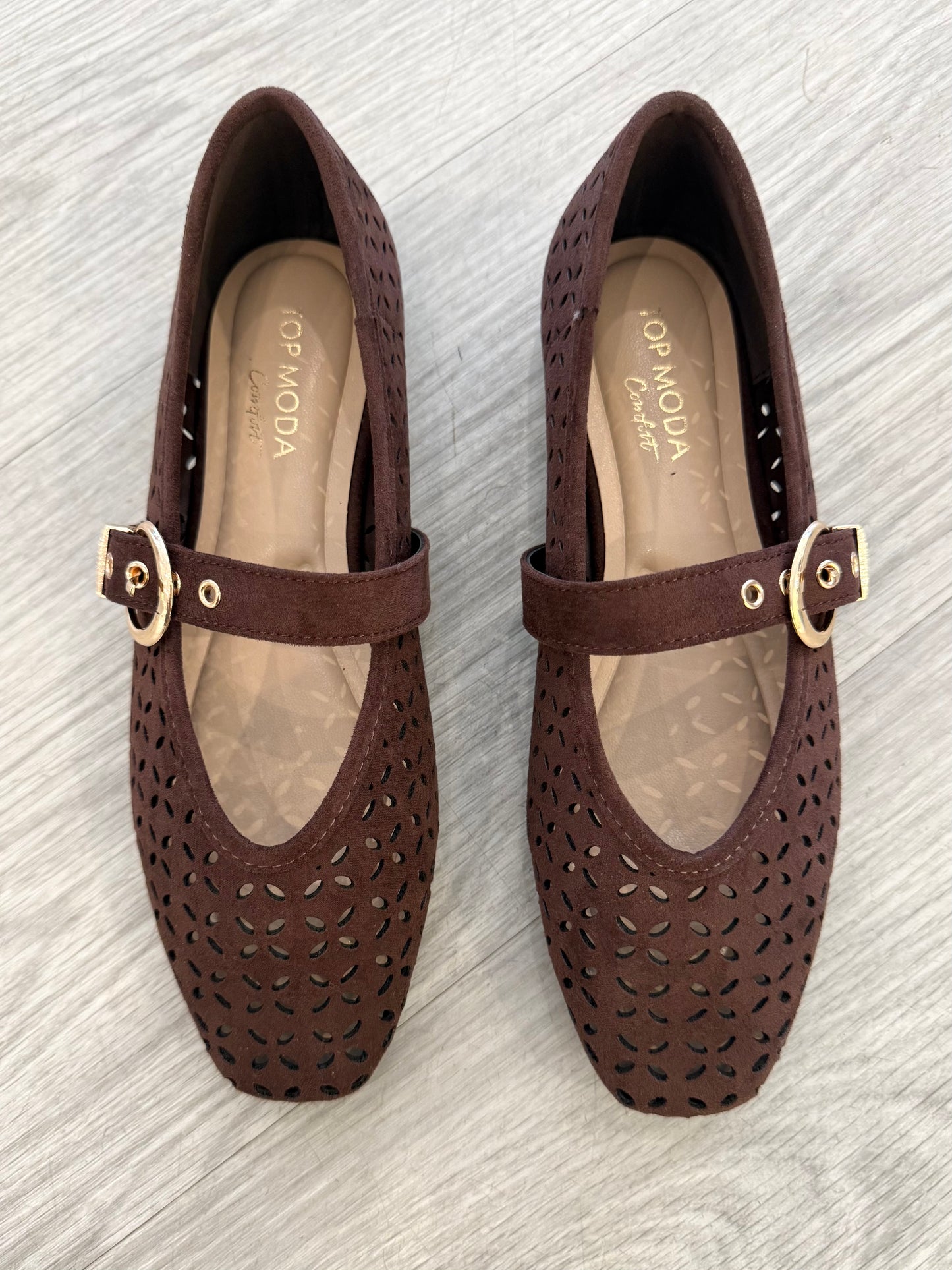 Brown Suede Cross Cut Buckle Flat