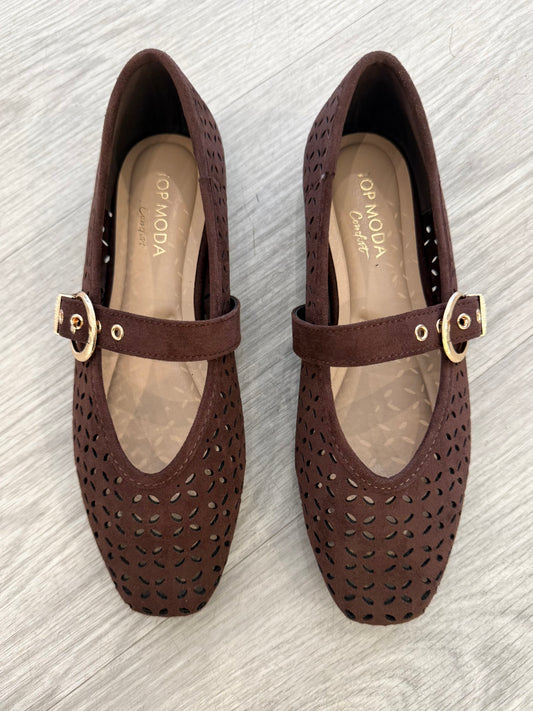 Brown Suede Cross Cut Buckle Flat