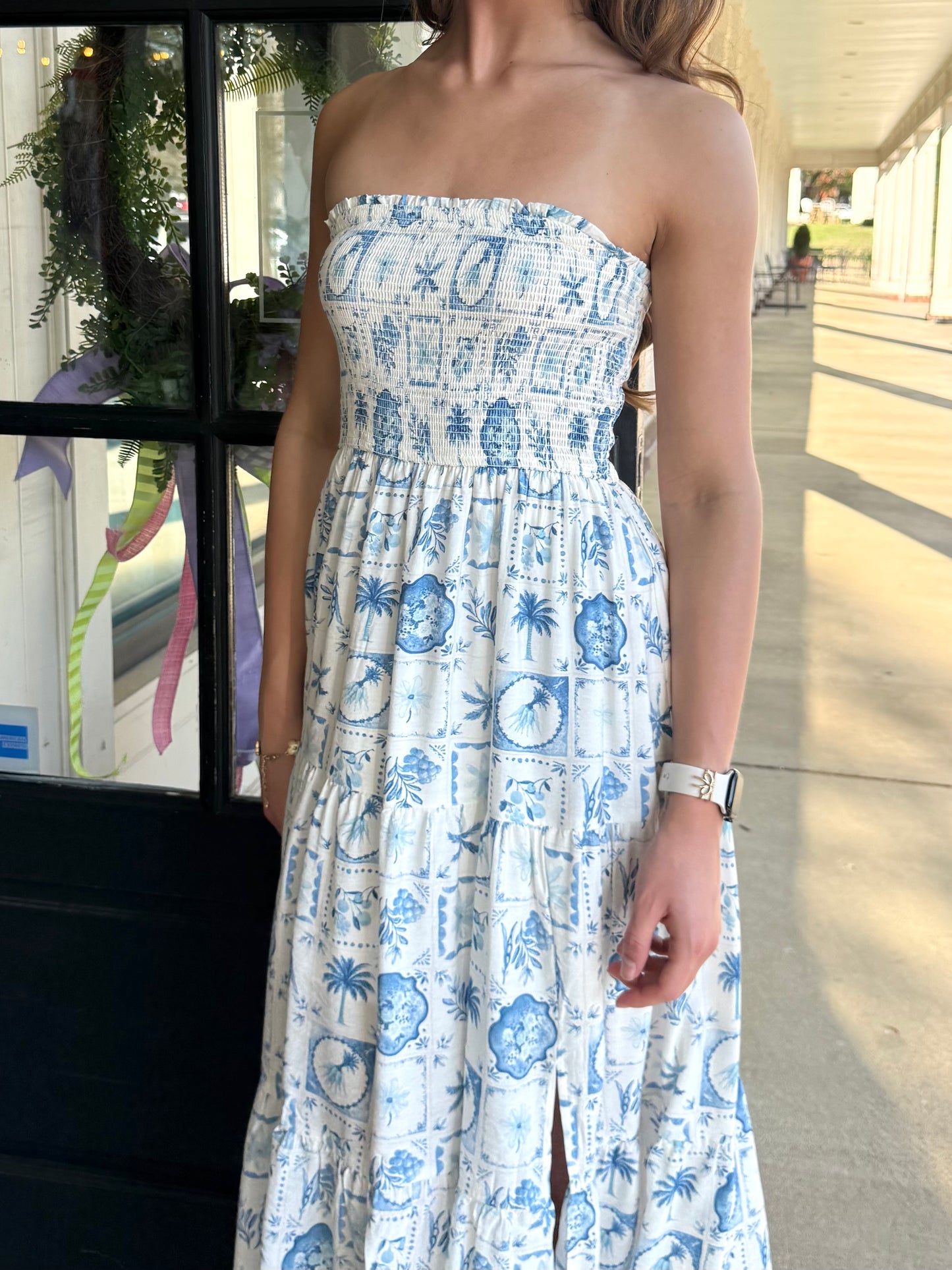 Light Blue Plant Smocked Midi