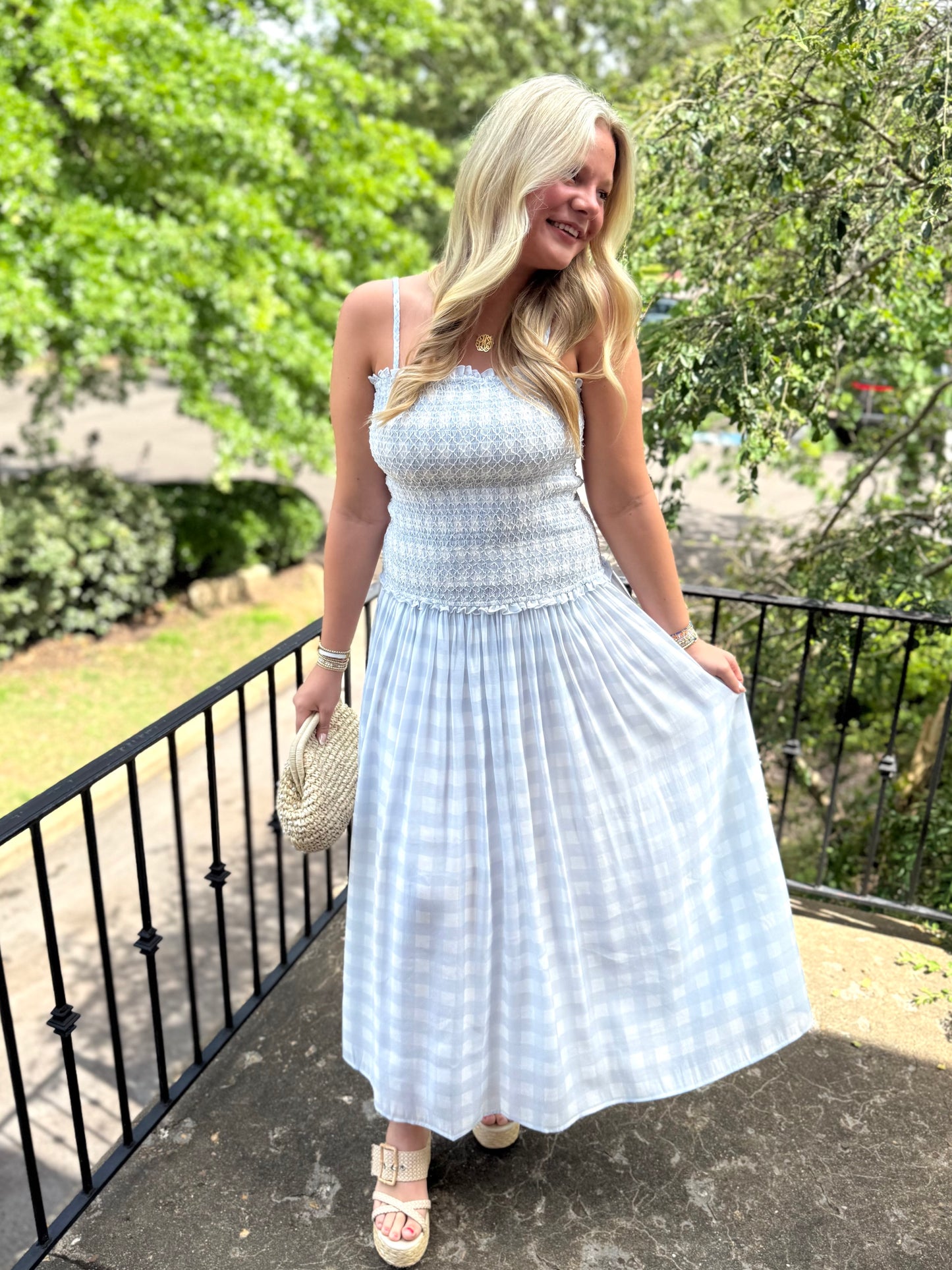 Blue Smocked Gingham Maxi