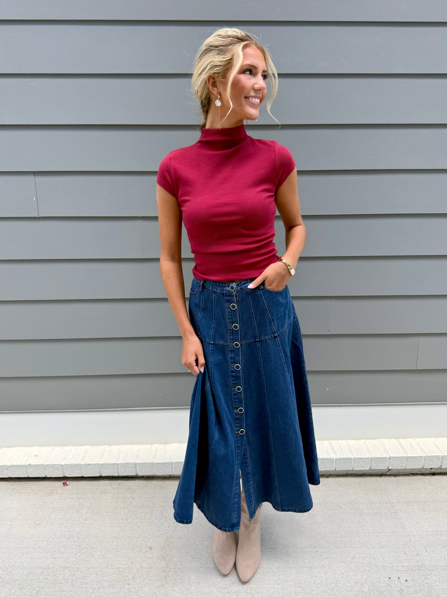 Blue Panel Detail Midi Skirt