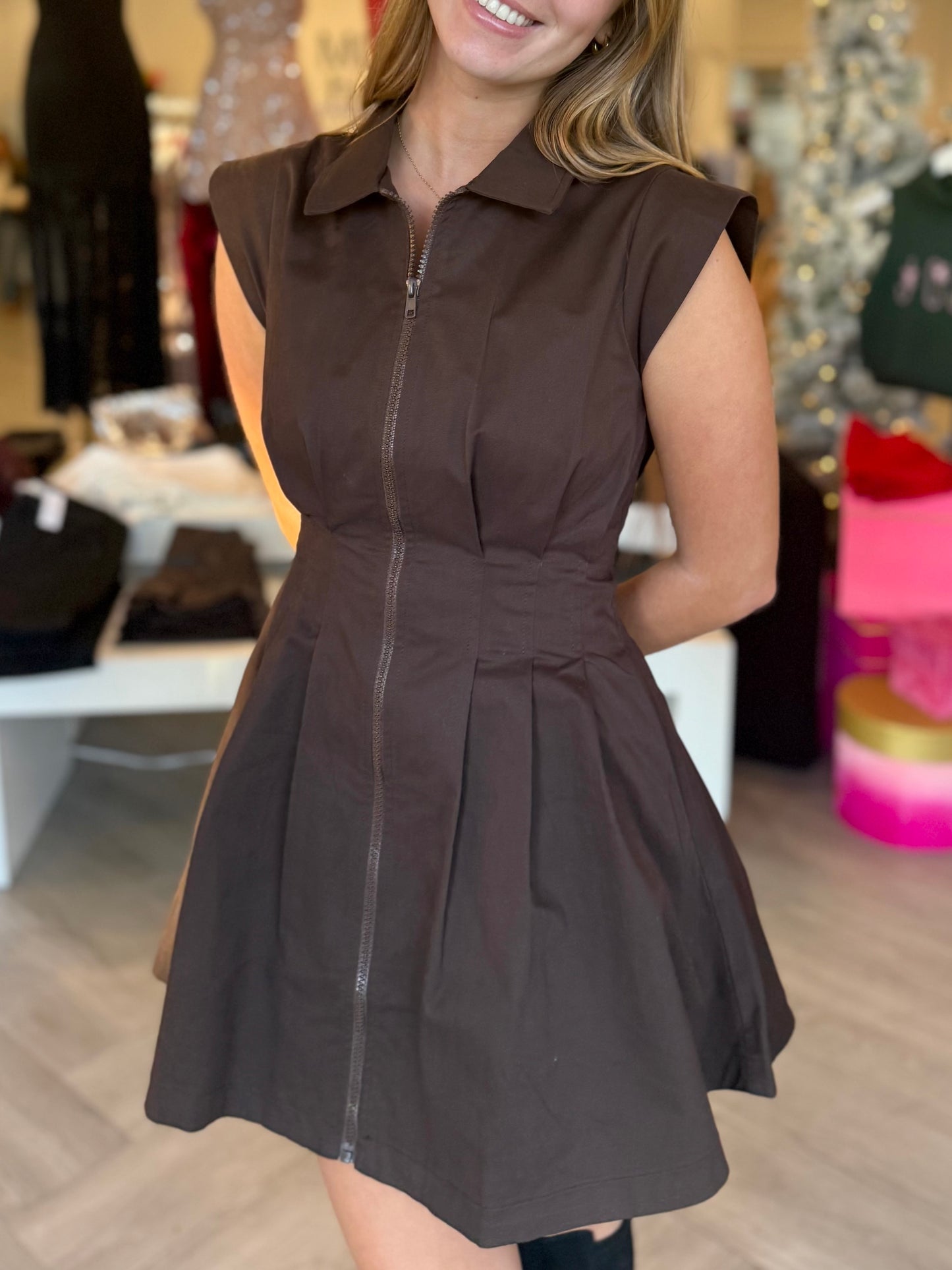 Mocha Pleated Mini Dress