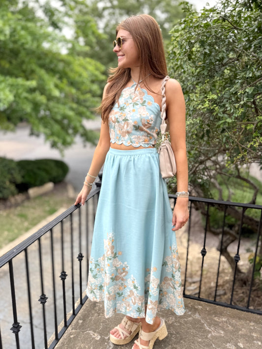 Blue Floral Midi Skirt