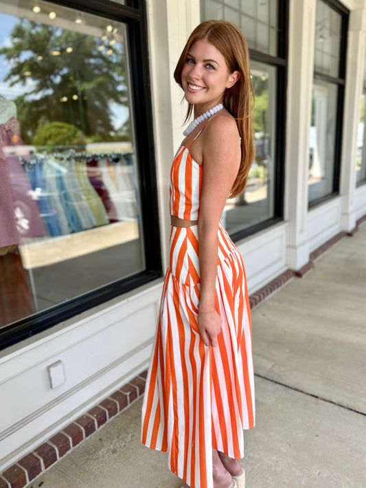 Orange Stripe Flared Maxi Skirt