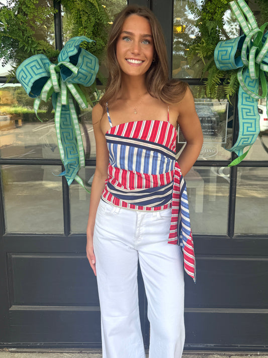 Navy/Red Color Block Striped Top
