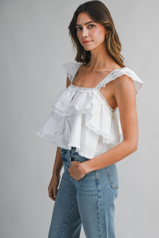 White Lace Trim Crop Top