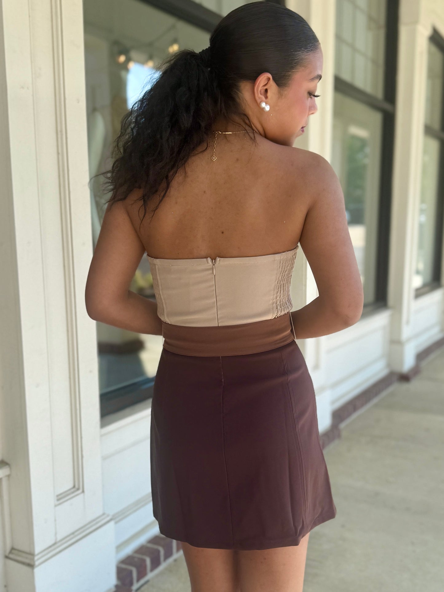 Brown Color Block Strapless Mini