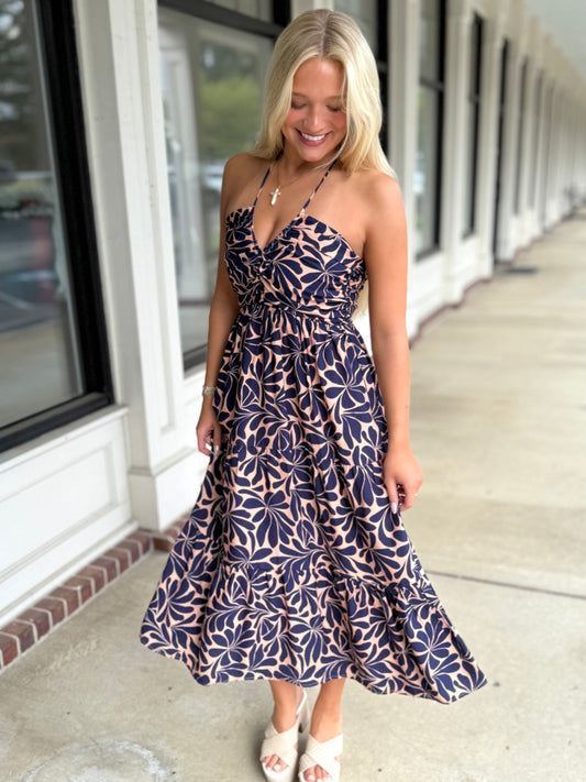 Navy/Clay Geometric Tiered Midi