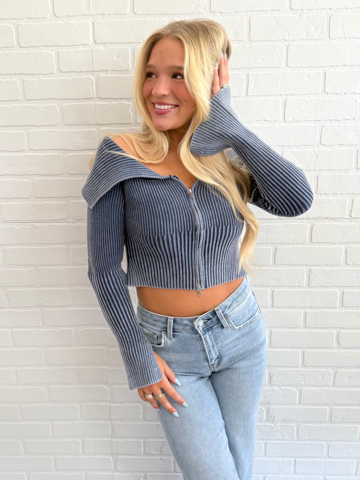 Navy Mineral Wash Zip Up Top