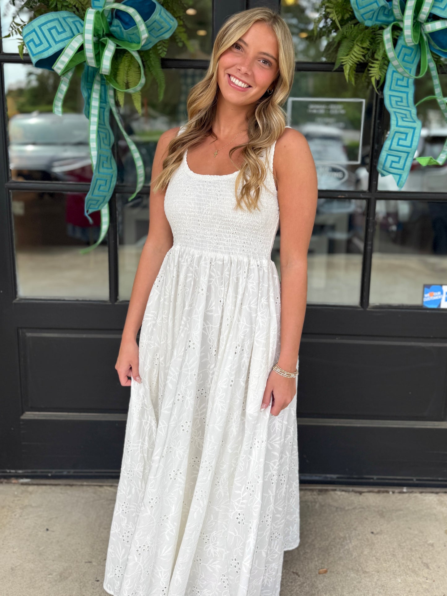 White Smocked Eyelet Maxi
