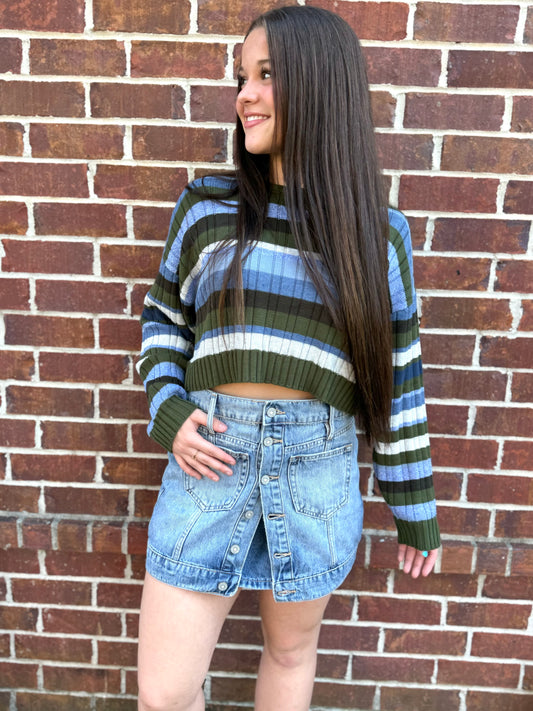 Olive-Multi Stripe Crop Sweater