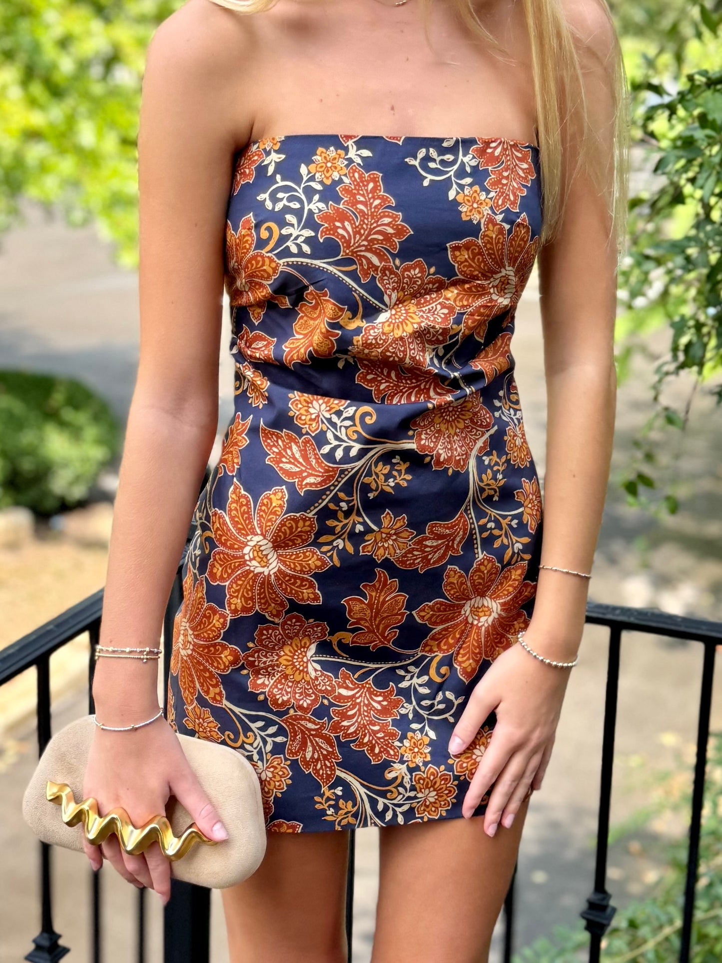Navy Rust Floral Strapless