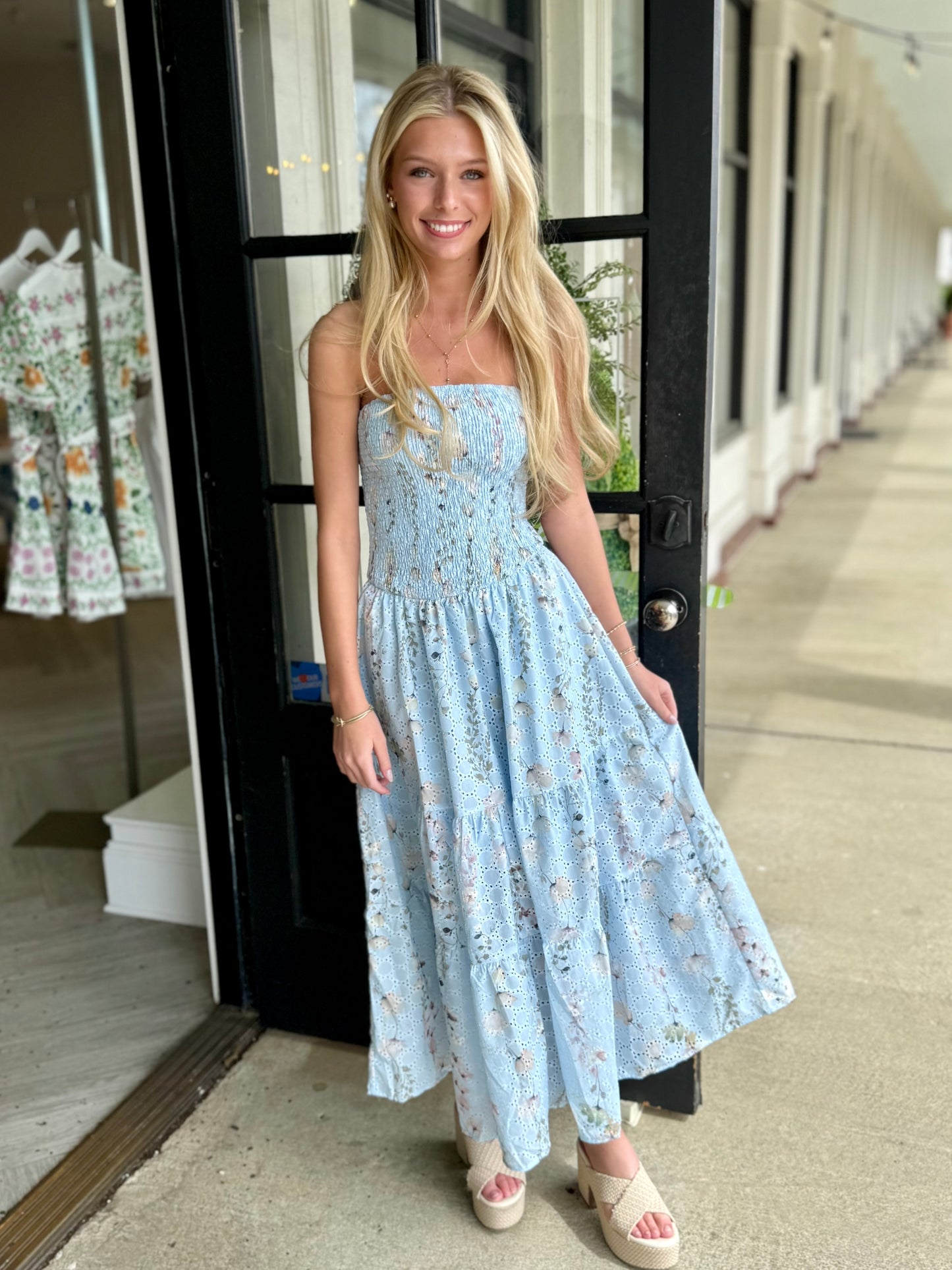 Blue Floral Strapless Midi