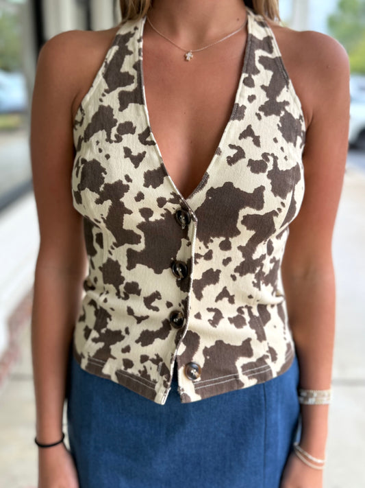 Cow Print Button Down Halter Vest