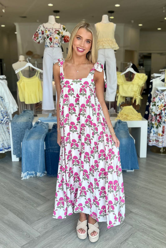 Cream Smocked Tie Strap Midi