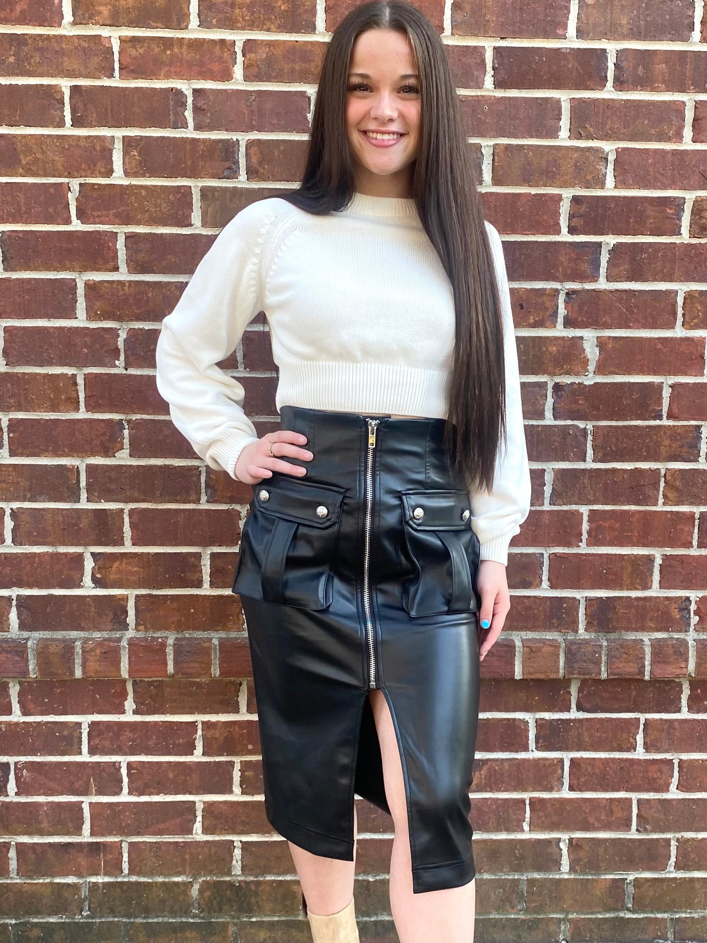 Black Midi Leather Cargo Skirt