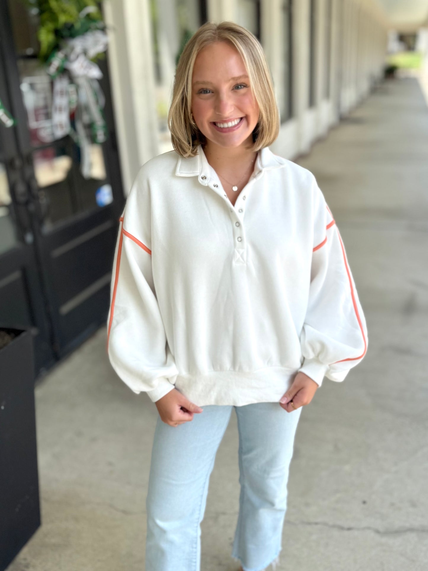White/Orange Piping Snap Pullover