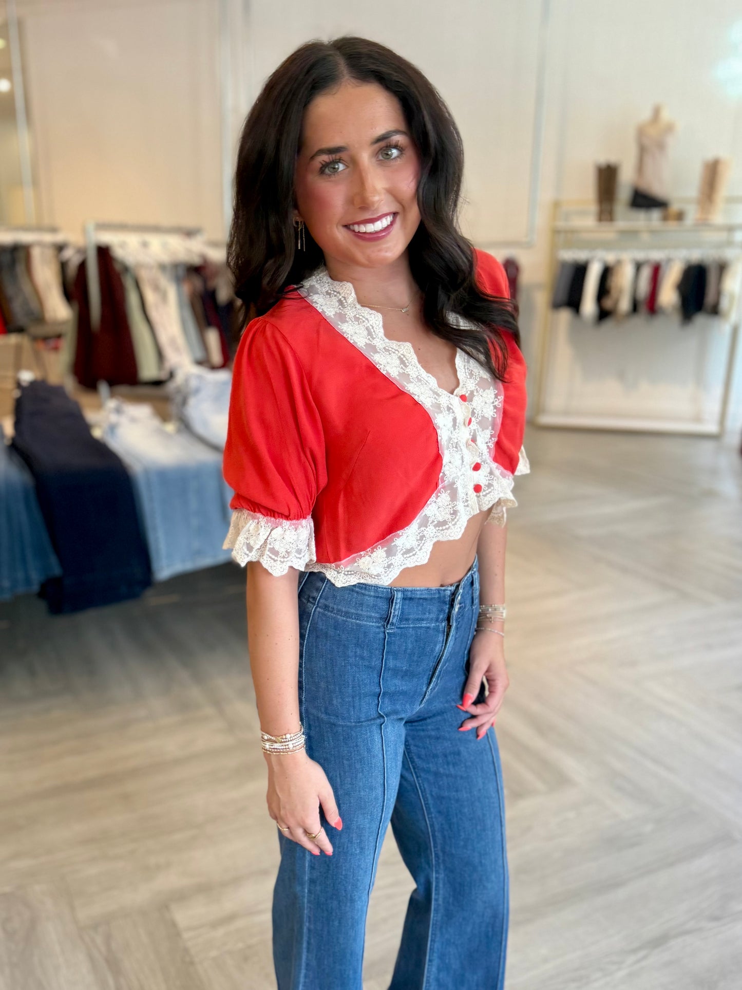 Red Pinking Lace Trim Top