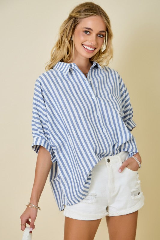 Lt Blue Stripe Button Top