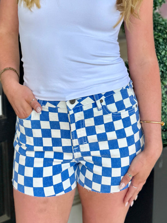 Blue Checker High Rise Short