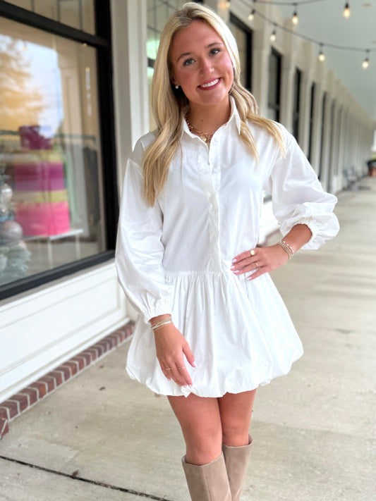 White Ballon Hem Shirt Dress