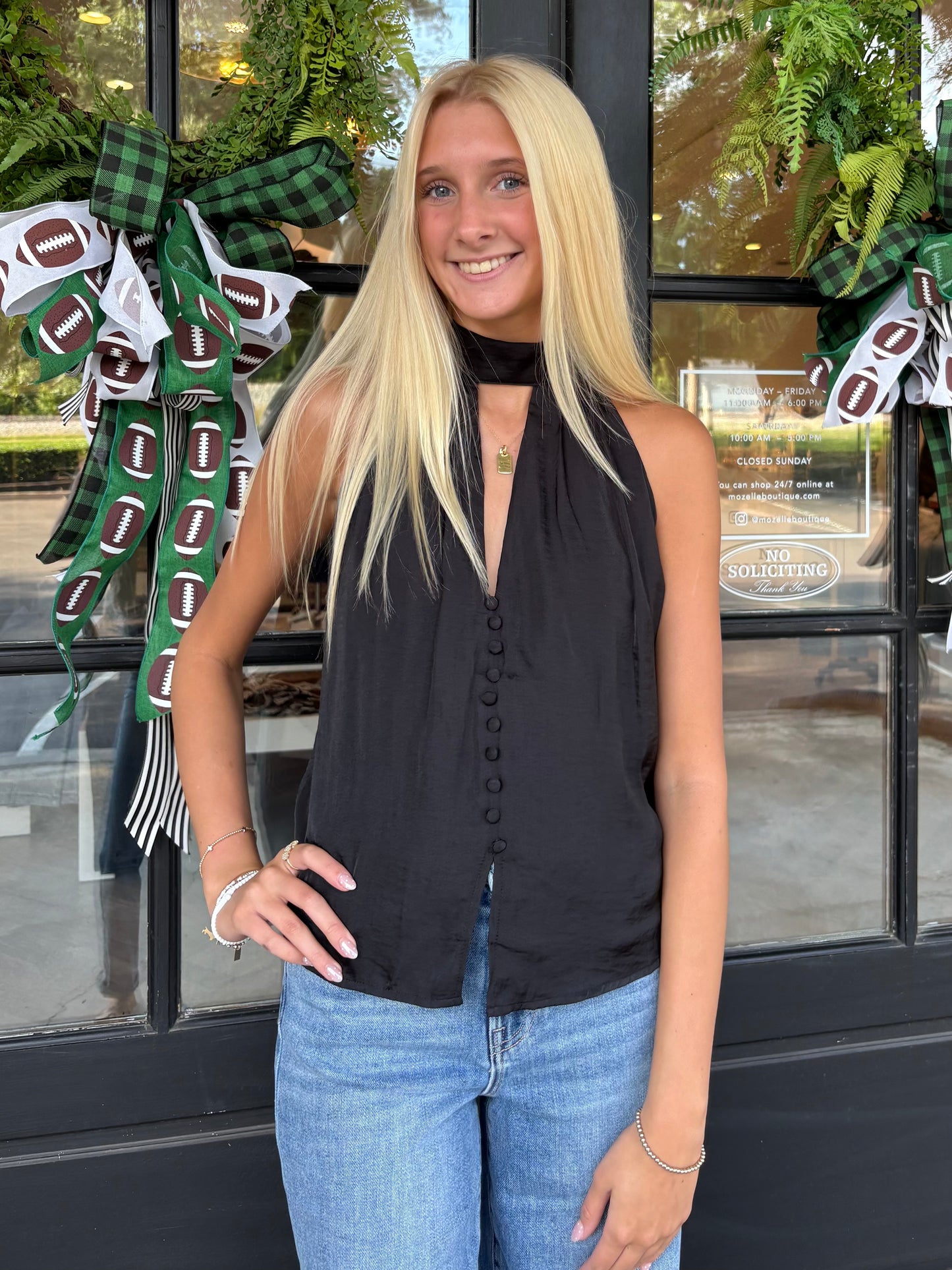 Black Tie Neck Sash Top