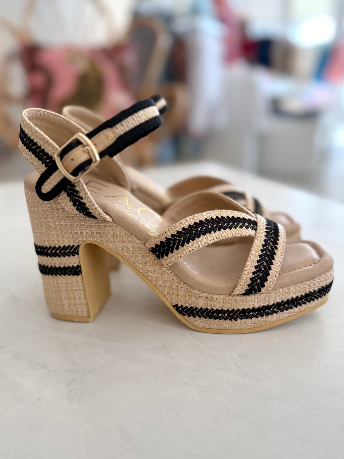 Natural/Black Stripe Square Toed Heel