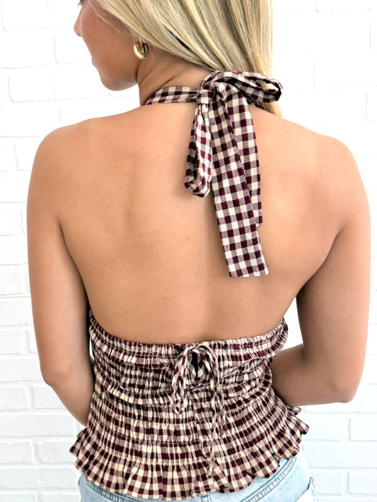 Burgundy Smocked Gingham Halter Top