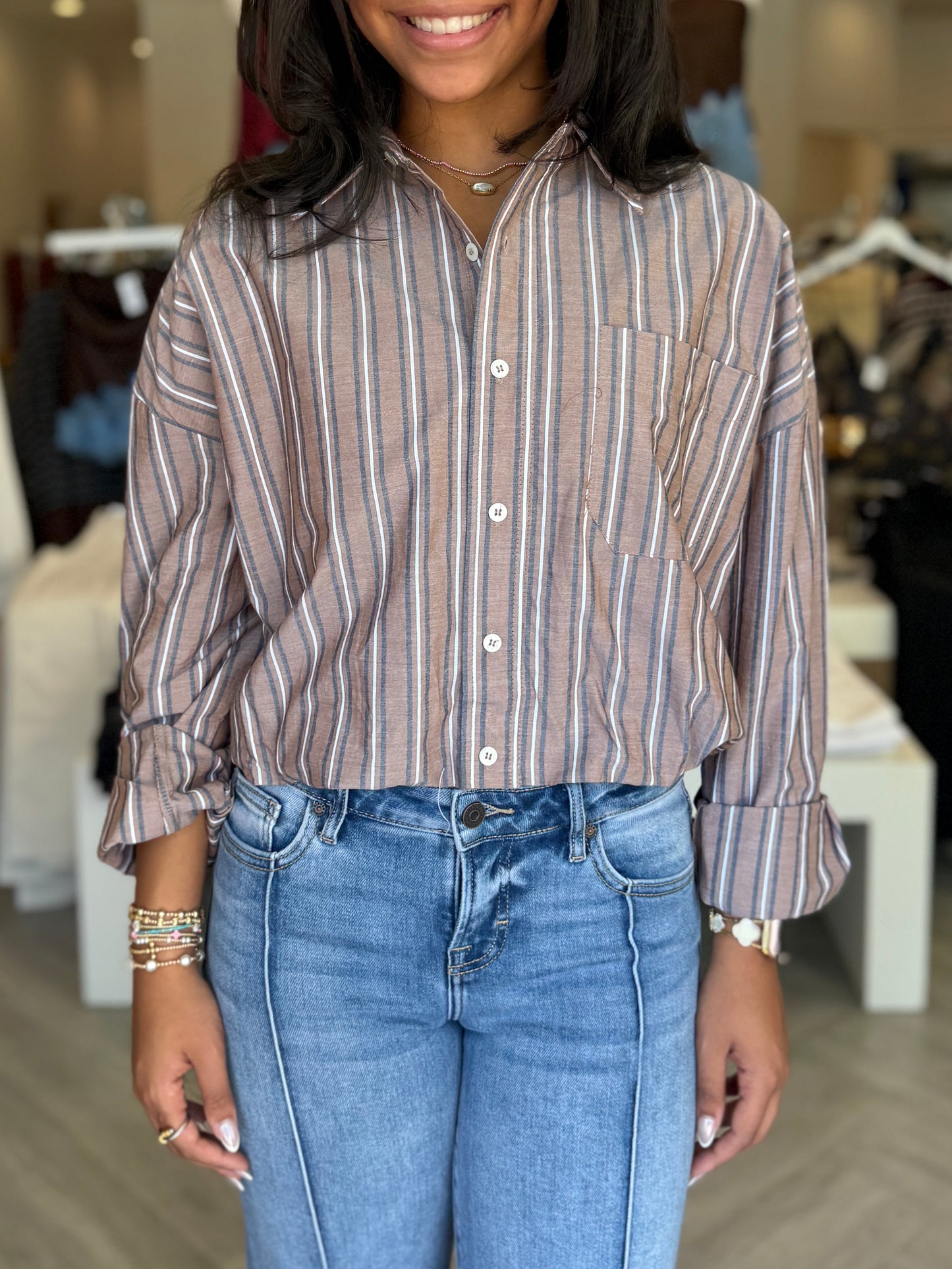 Brown Stripe Bubble Hem Top