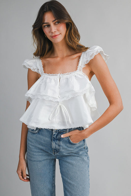 White Lace Trim Crop Top