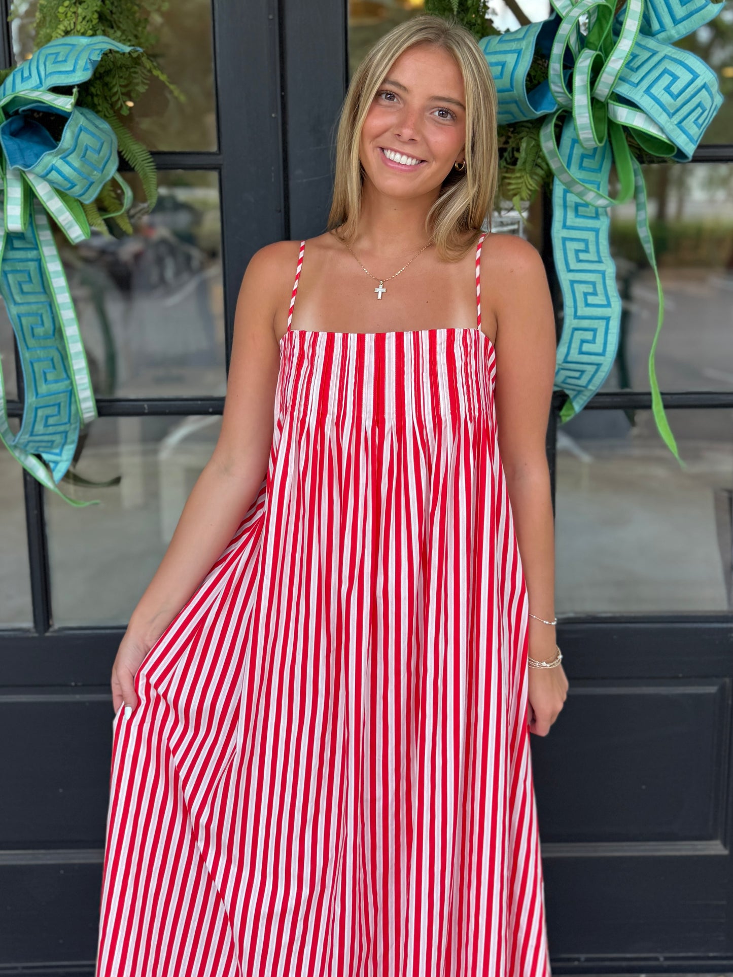 Red Pink Pleated Stripe Maxi