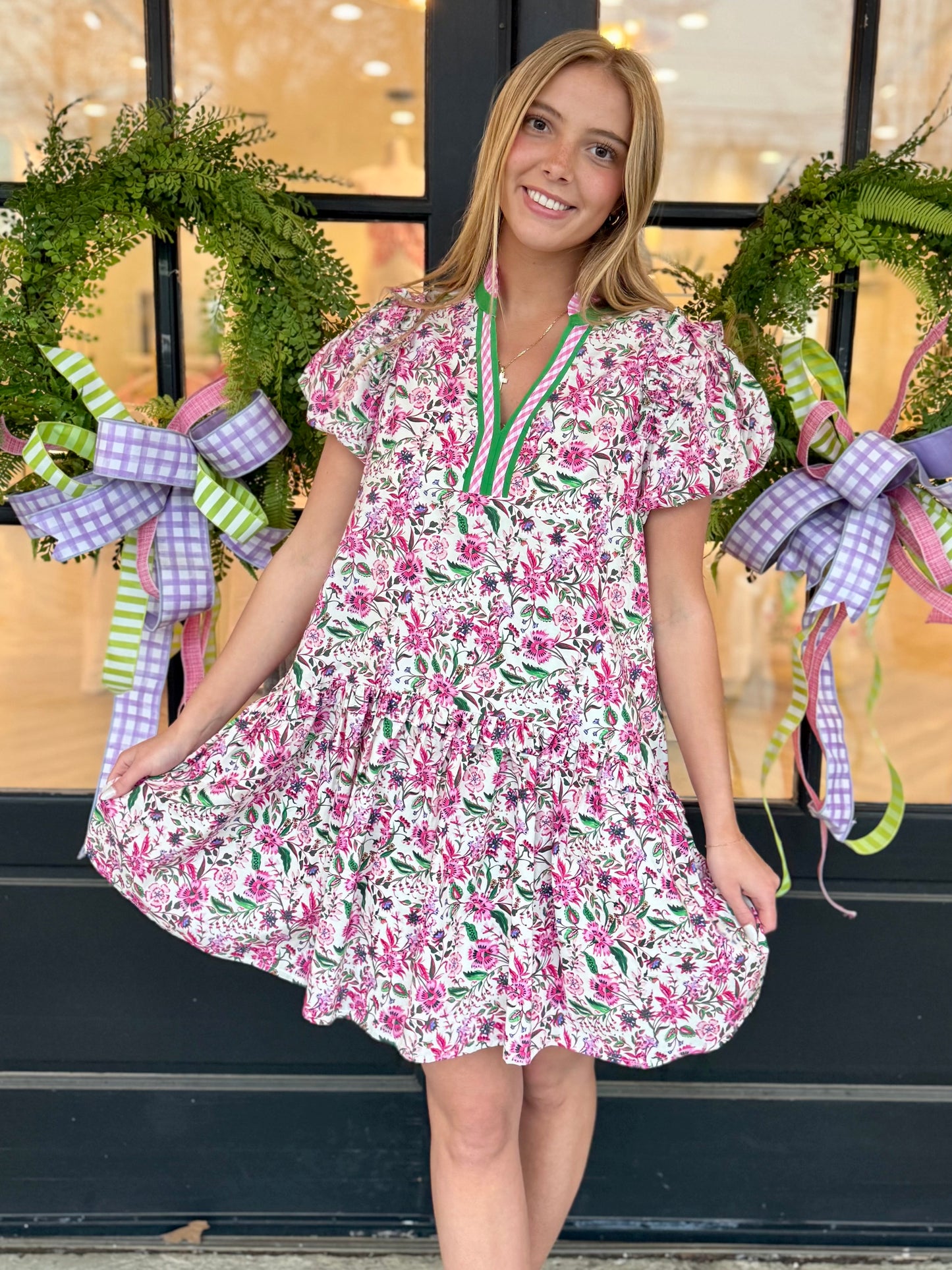 Pink Gingham Boarder Floral Mini