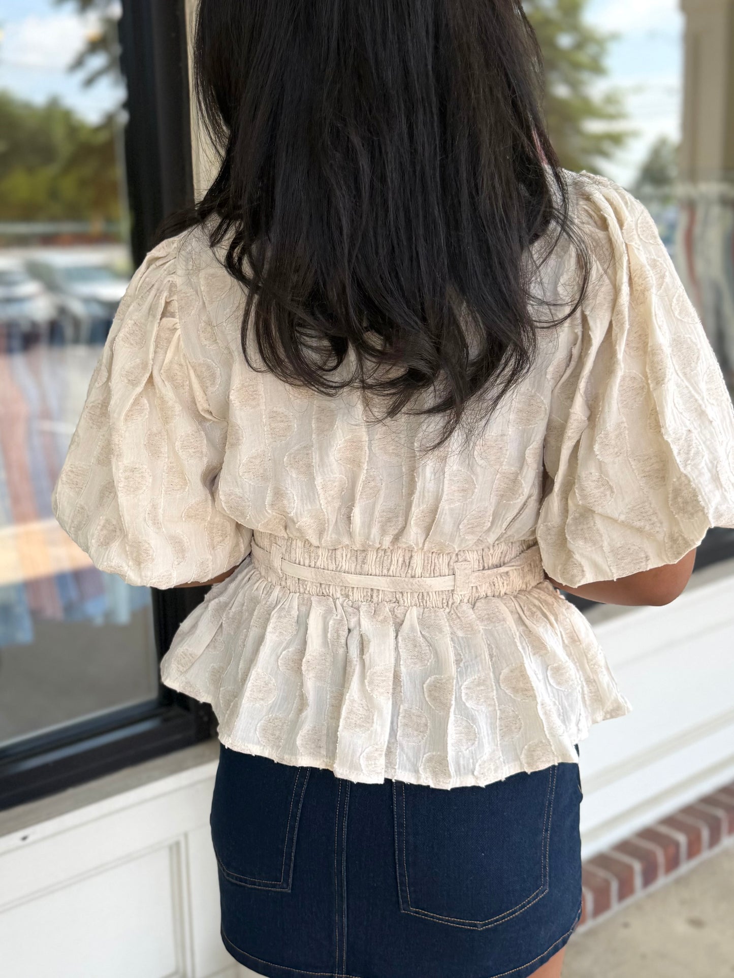 Oatmeal Textured Bubble Sleeve Top