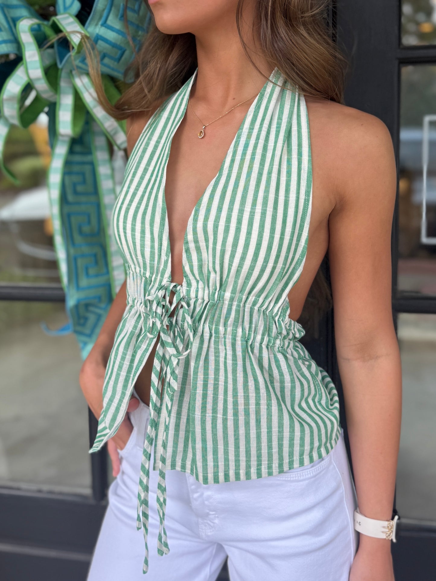 Green Deep V Halter Top