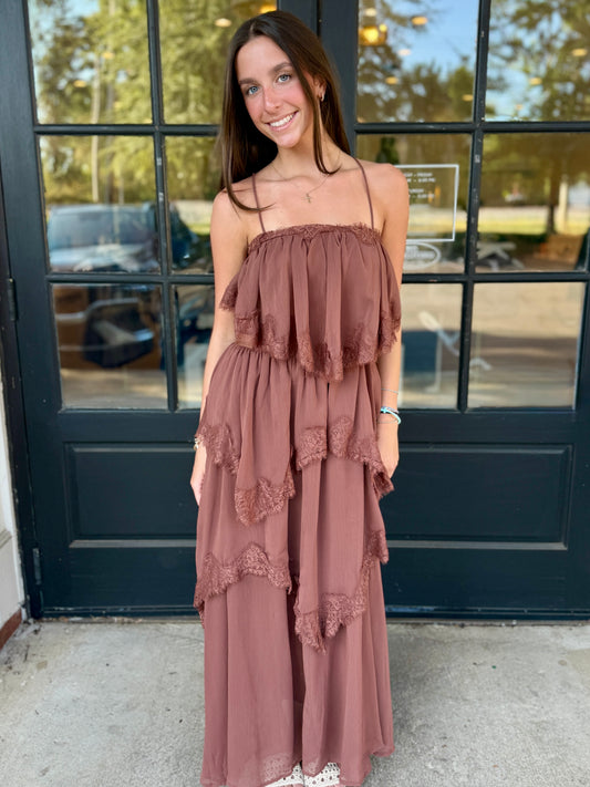 Brown Tiered Lace Maxi
