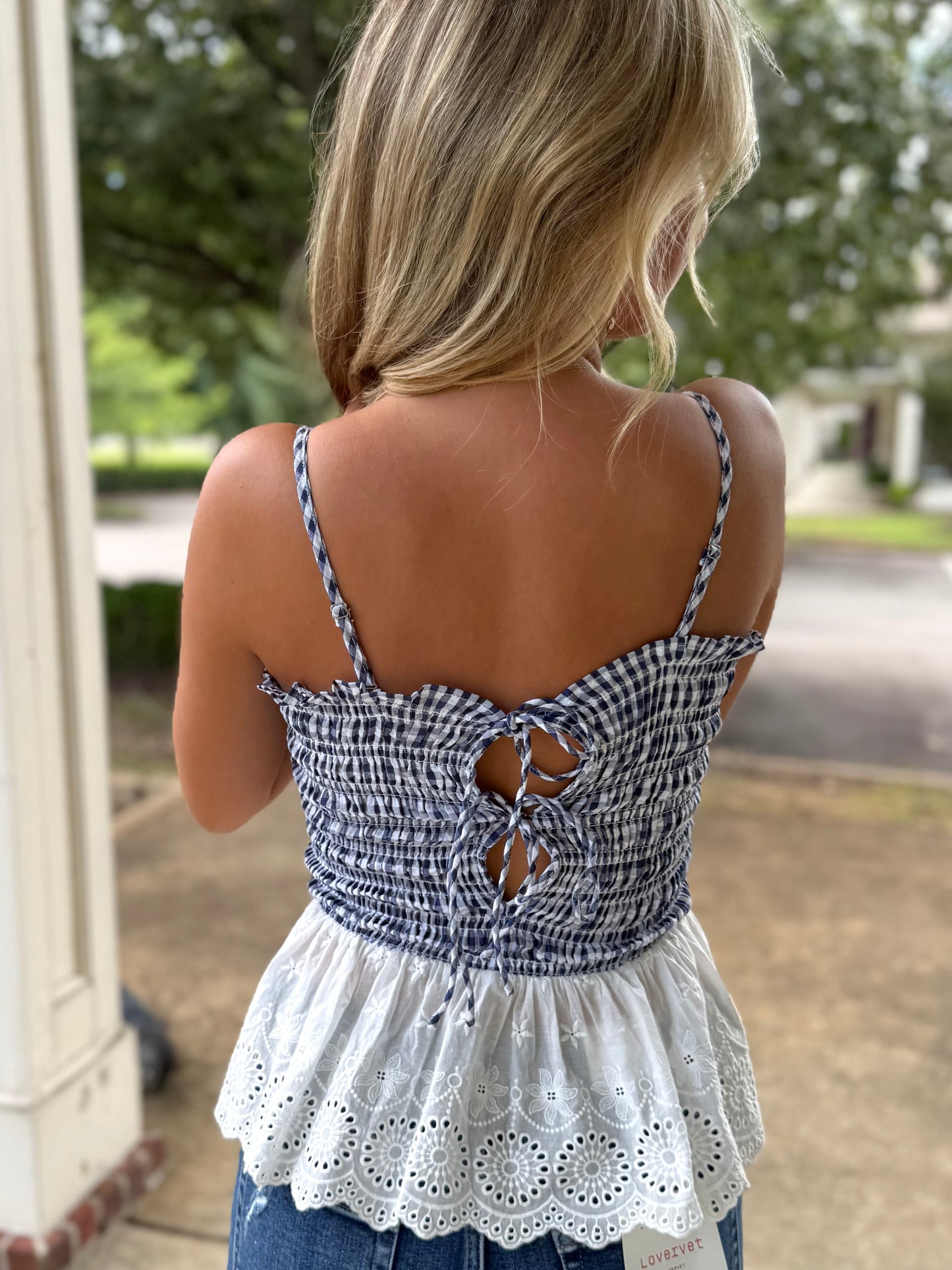 Navy Smocked Eyelet Top