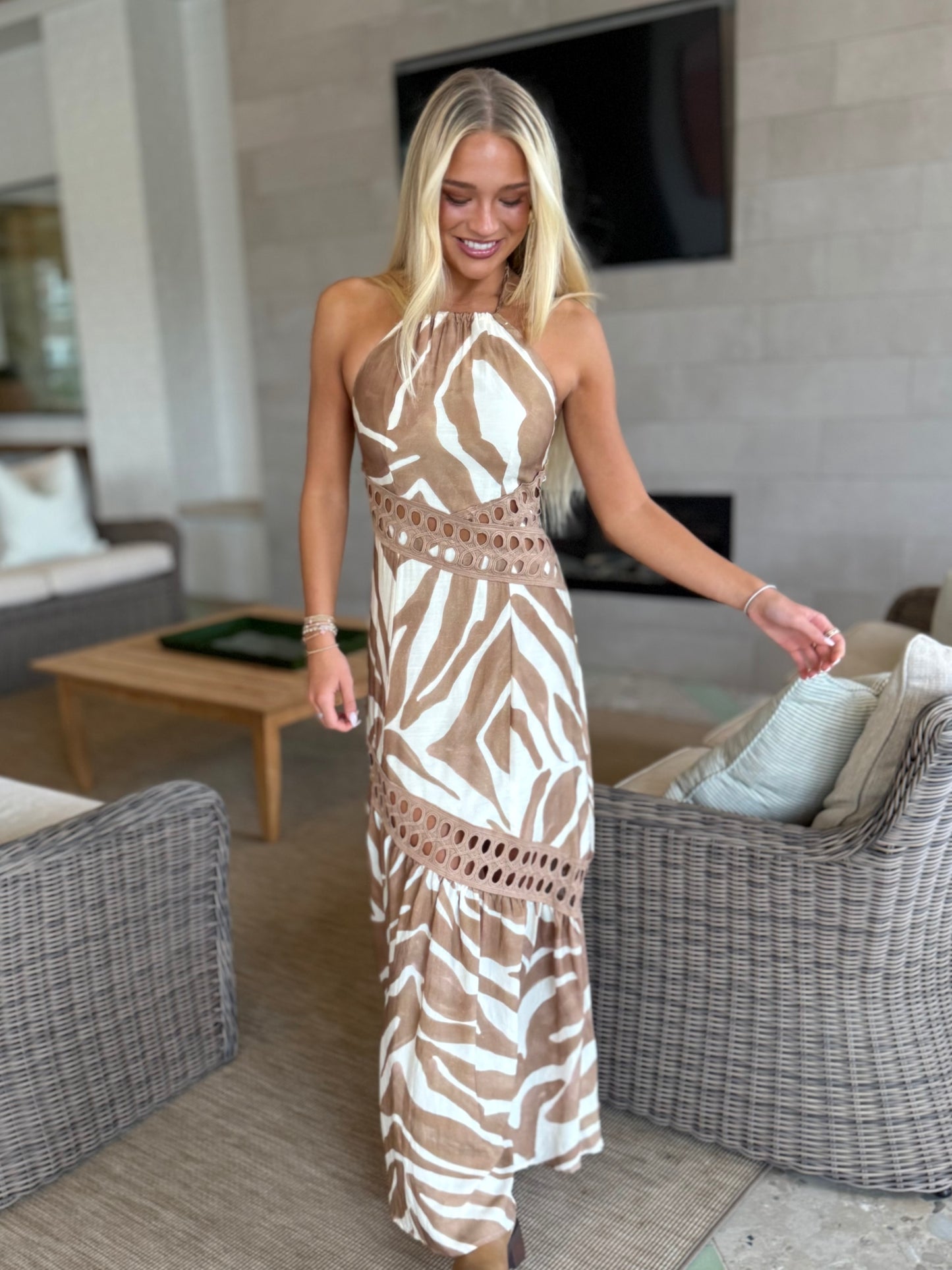 Zebra Print Hollow Halter Maxi