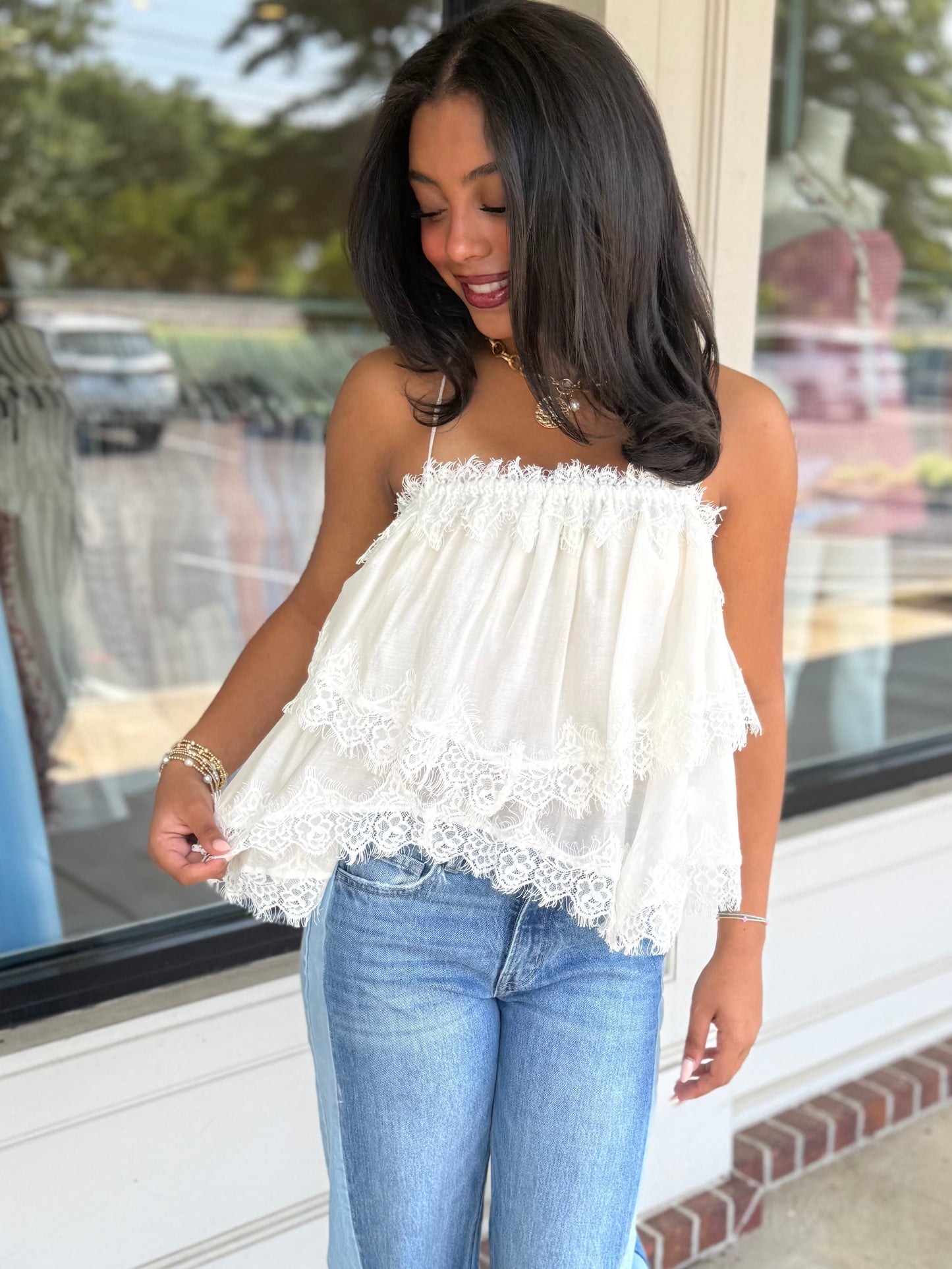 Cream Lace Trim Top