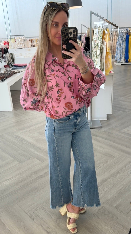 Pink Floral Button Top