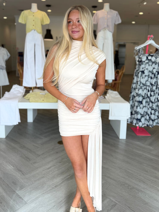 Cream Draped Asym Mini Dress