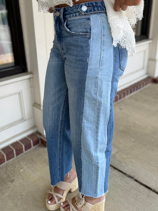 High Rise Two Tone Barrel Jean
