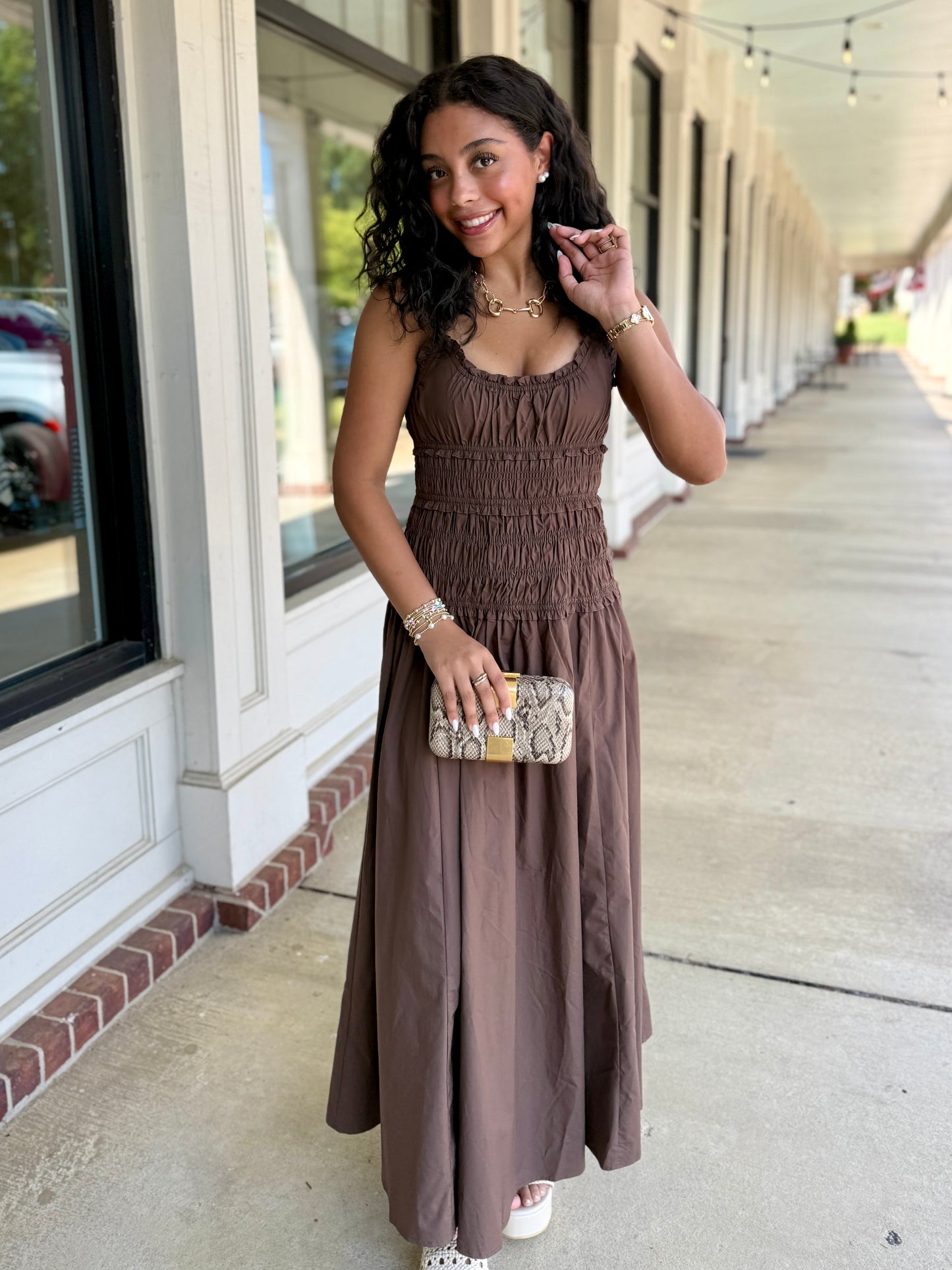 Brown Smocked Slit Maxi