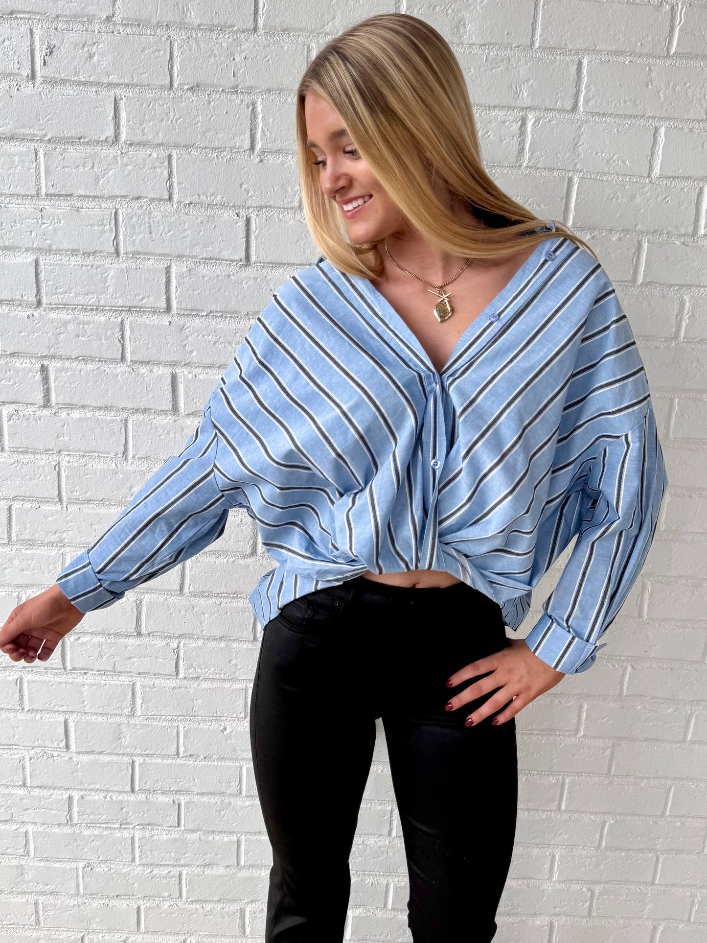 Blue Stripe Cross Front Shirt